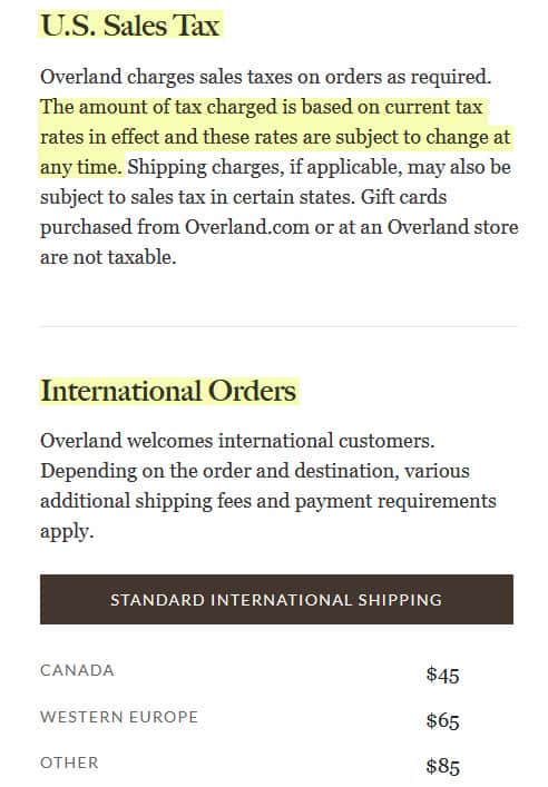 overland.com reviews 2021 us sales tax international orders fees